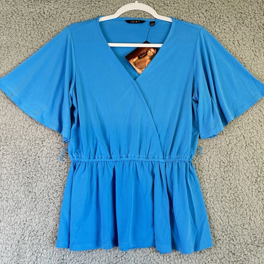 IMAN Boho Blue Faux Wrap Splice Stretch Jersey Blouse‎ Top With Tie Small NWT